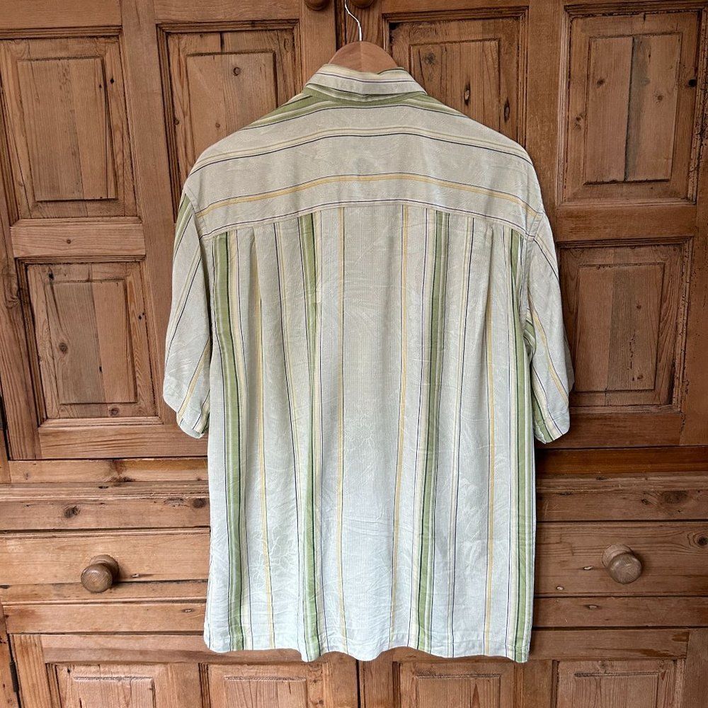 Tommy Bahama Large Silk Button Up Shirt Green Yellow Stripe Short Sleeve Collar - Picture 6 of 11